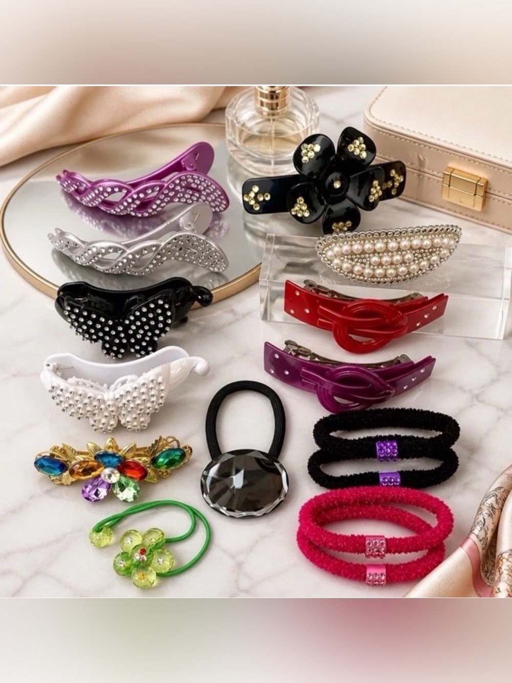 15 PCS Hair Accessories Barrettes, Ponytail Holders, Clamps & Clips
